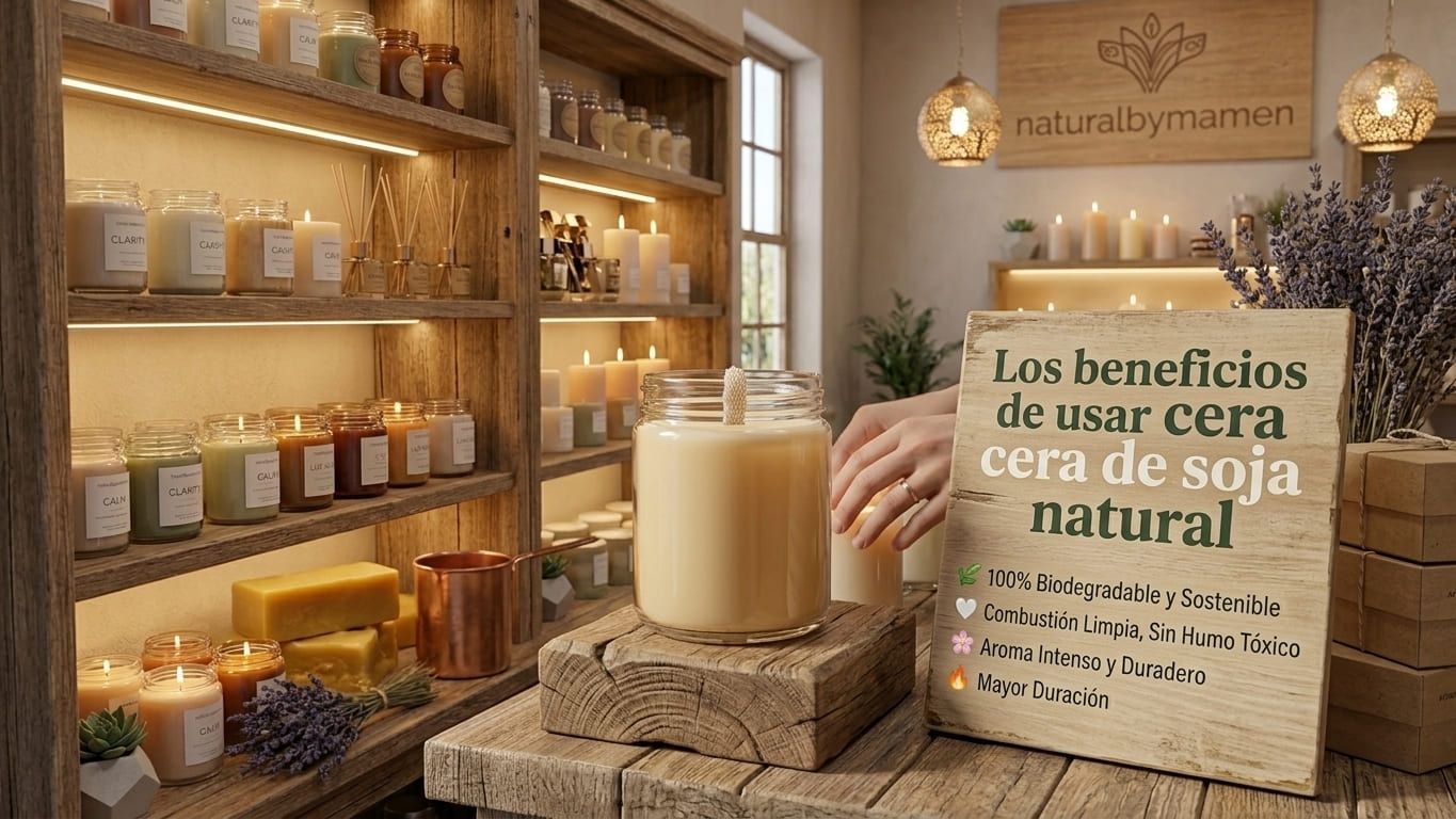 Cartel con los beneficios de usar cera de soja natural en tienda naturalbymamen