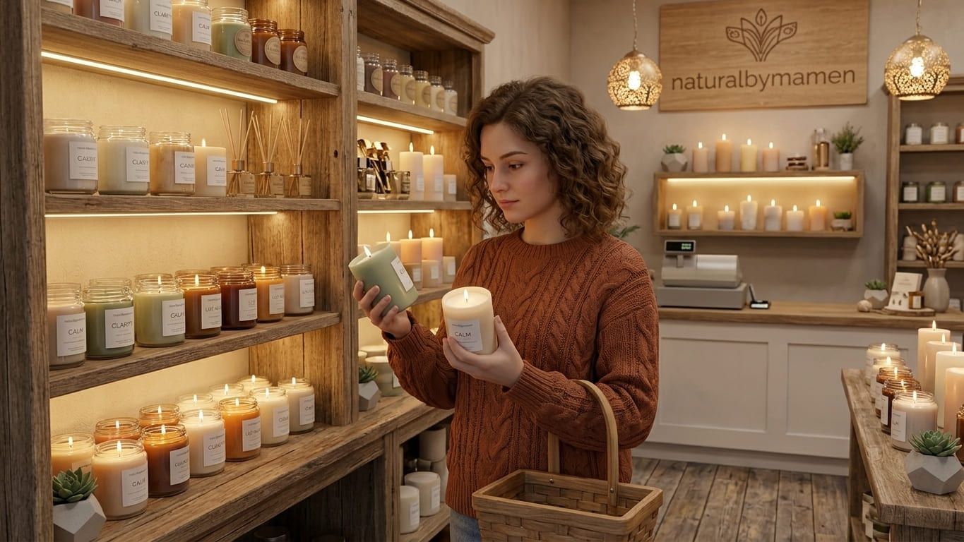 Mujer eligiendo la vela ideal para su hogar en tienda artesanal naturalbymamen