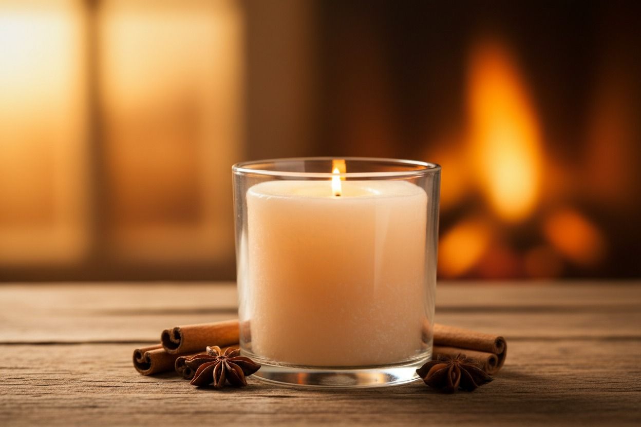Una vela blanca encendida en un vaso de vidrio sobre una mesa de madera, con ramitas de canela y anís estrellado a su alrededor.