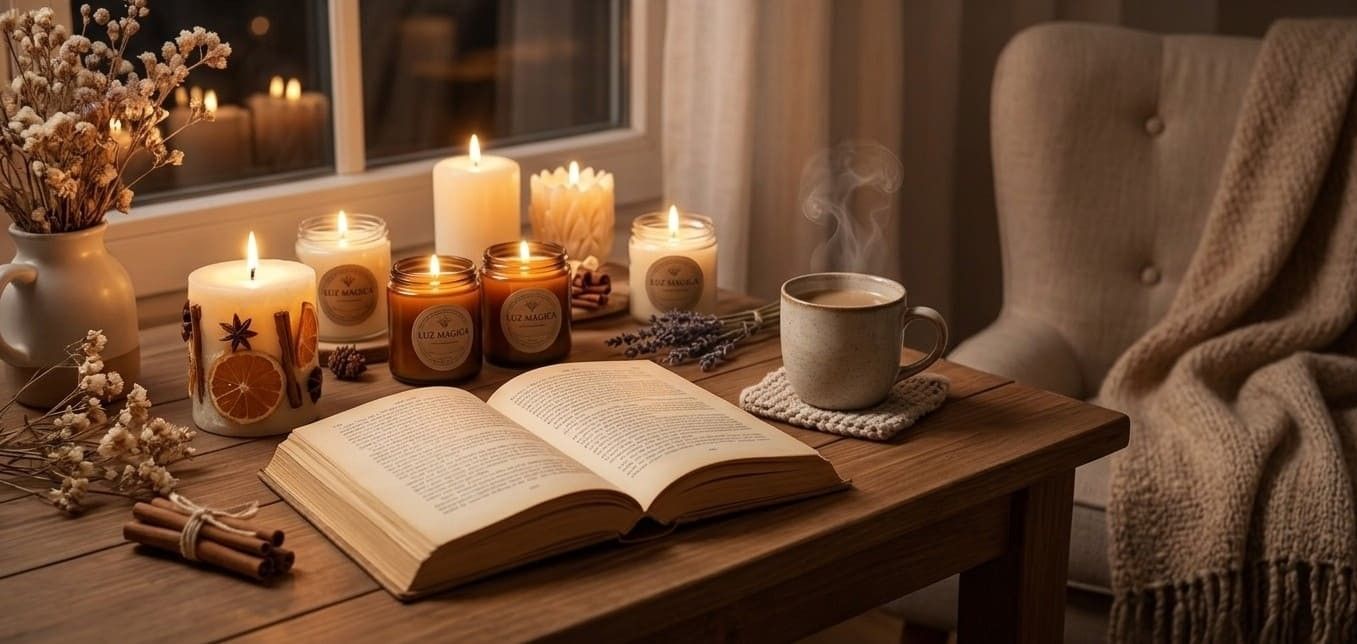 Velas artesanales encendidas con libro abierto y taza en un ambiente acogedor naturalbymamen
